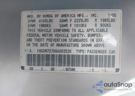 2006 Honda Accord 2.4 Ex z USA, uszkodzony, nr VIN 1HGCM72706A002520